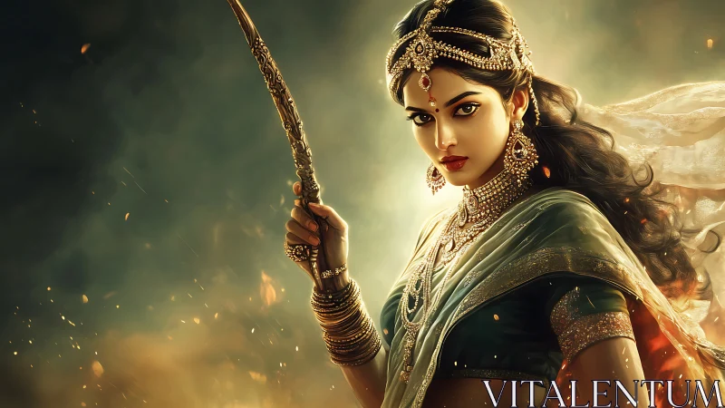 Warrior queen in jeweled sari wielding ornate sword fiercely.