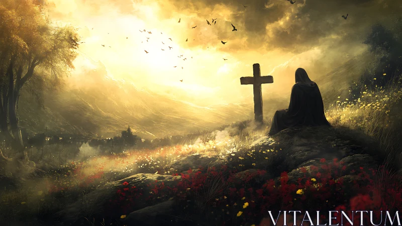 Hooded mourner at hillside cross under dramatic celestial light