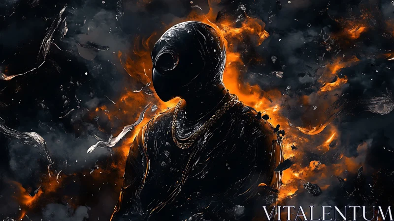 Molten humanoid figure in burning cosmic darkness scene.