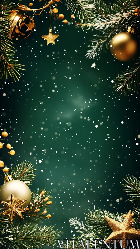 Snow-kissed evergreen frame with gleaming golden baubles.