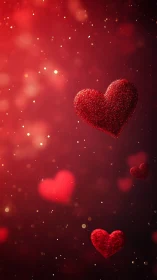 Glowing Red Hearts Against Deep Crimson Background.