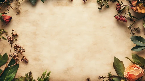 Vintage Floral Frame Arrangement on Aged Parchment Background.