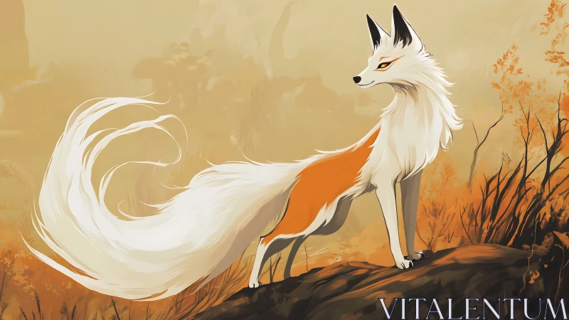 Elegant fox spirit surveys warm golden autumn valley.