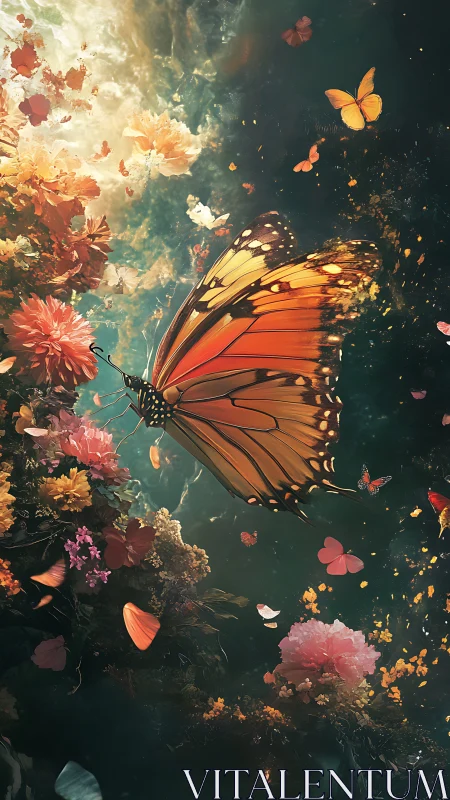 Monarch butterfly glides through luminous floral vortex