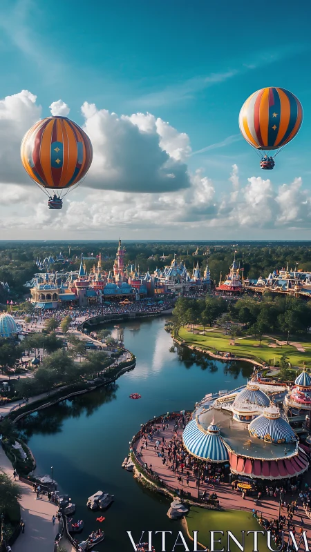 Colorful hot air balloons drift above a lively fantasy park