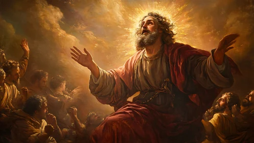 Radiant prophet ascends amid disciples in golden light.