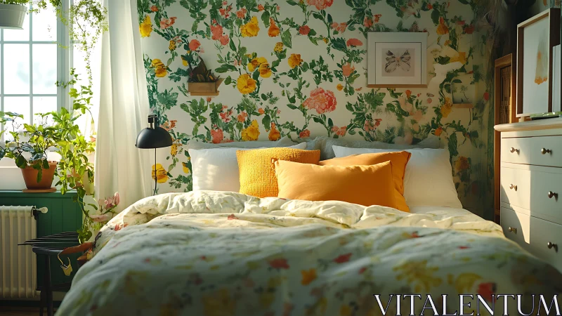 Sunlit floral bedroom with yellow pillows and plants visible