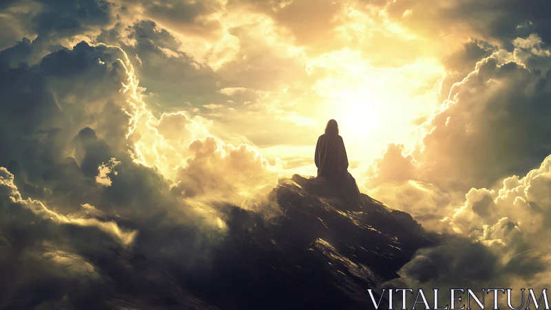 Solitary robed figure gazes toward radiant celestial sunrise