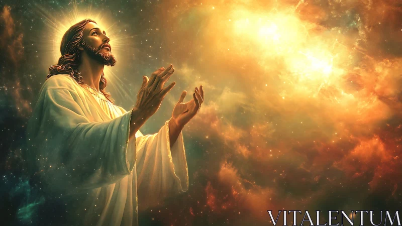 Praying robed man under glowing golden celestial light.