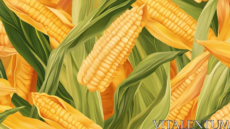 Digital painting of overlapping corn cobs with stylized husks
