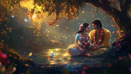 Romantic couple by river under glowing forest canopy.