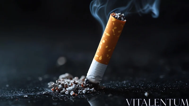 Smoldering cigarette butt stands upright in scattered ash