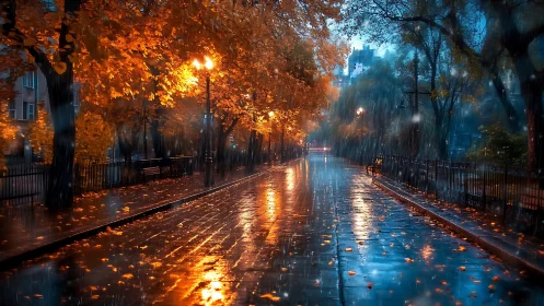 Rain soaked city avenue under glowing autumn trees at dusk.