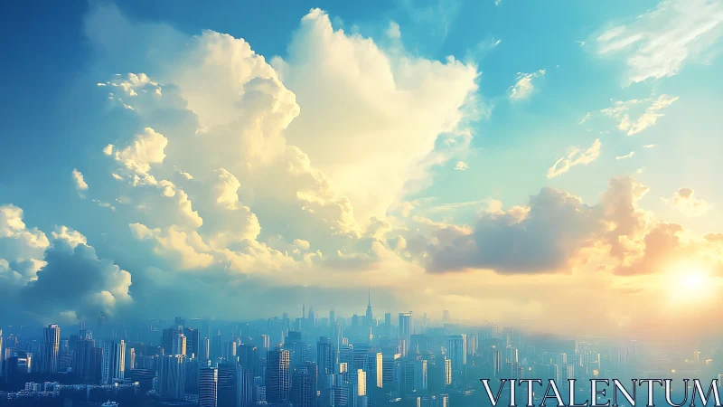 Vast modern city skyline under towering sunrise clouds.