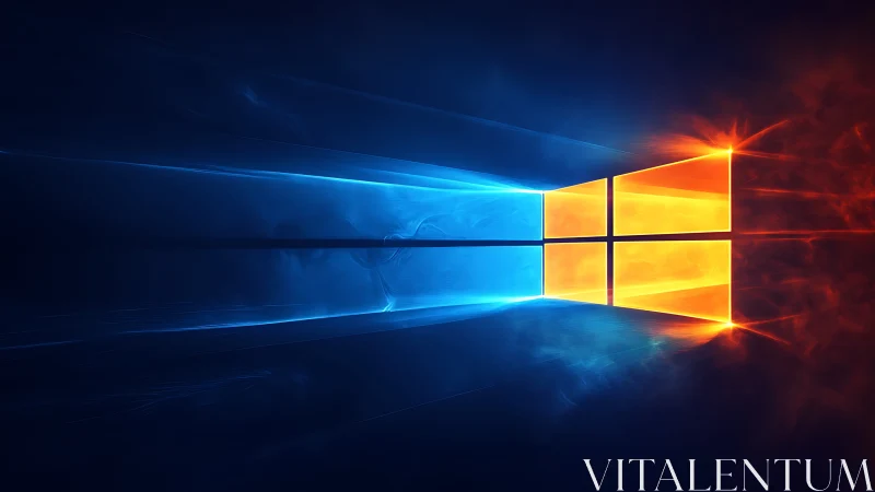 Windows-inspired glowing logo in vivid blue and orange light.