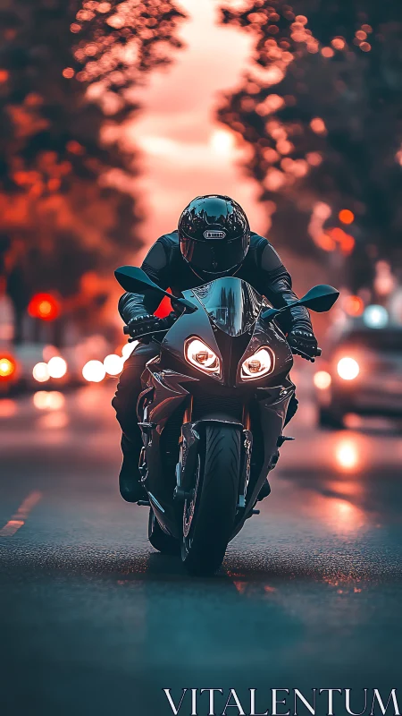 Motorcyclist rides sport bike through blurred city traffic