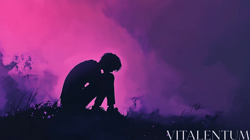 Quiet silhouette resting inside glowing violet clouds.