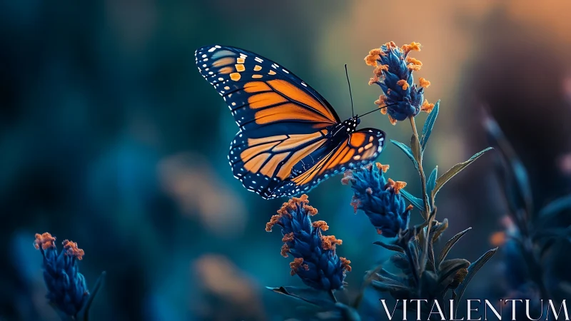 Twilight monarch drifts through neon blooms in quiet reverie.