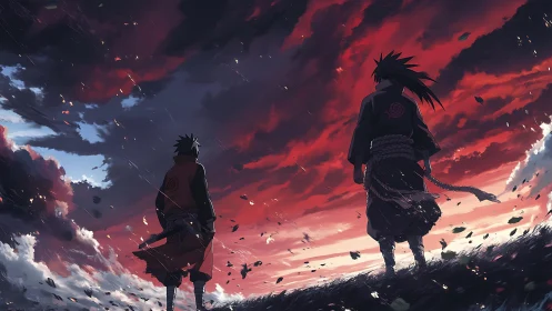 Stormlit warriors stand beneath a burning crimson sky