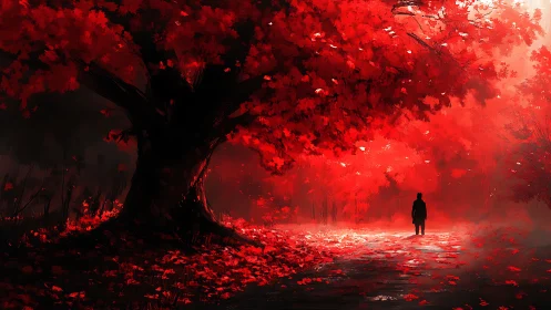 Solitary figure stands beneath dense red foliage canopy