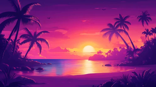 Neon tropical sunset bathes a tranquil palm-lined lagoon in glow