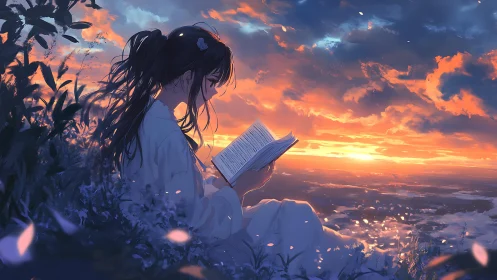 Girl reads quietly on a hillside as a glowing sunset blooms
