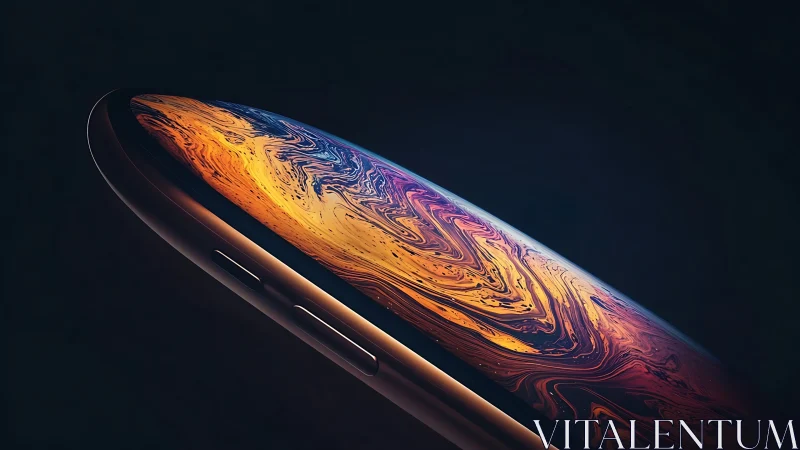 Luminous Device Curved Against Darkness with Vibrant Swirling Pattern