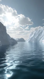 Glacial fjord perspective with specular water and volumetric sky.