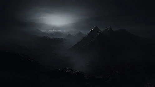 Dark mountain range under distant cold horizon light.