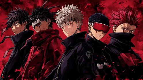 Dark anime squad stands united against blood-red storm.