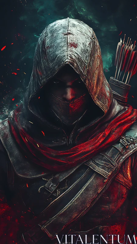 Scarlet-hooded shadow archer in emberswept twilight vigil.