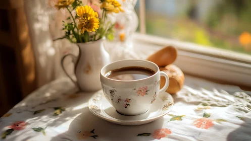 Porcelain cup of coffee sits on patterned tablecloth