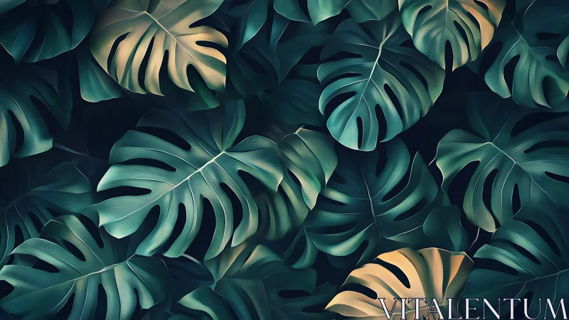 Digital foliage pattern with overlapping monstera leaves.