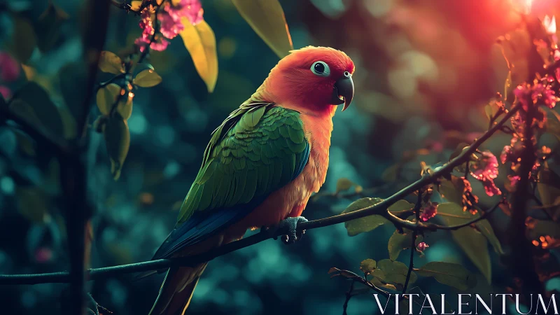 Vibrant parrot on flowering branch at sunset, dreamy nature scene.