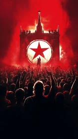 Propaganda rally silhouette under monumental red star emblem.