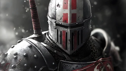 Battle‑scarred crusader helm in high fidelity digital armor study.