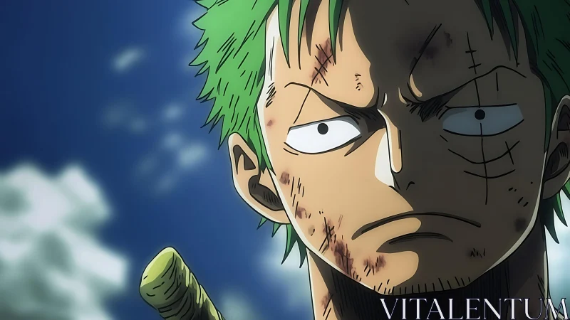 Scarred green-haired swordsman glares under a bright sky.