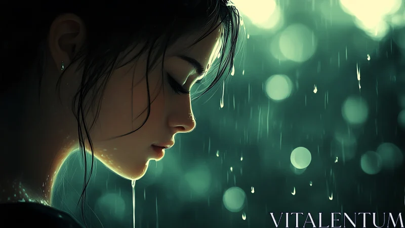 Side-profile portrait of young woman in rain, teal bokeh light