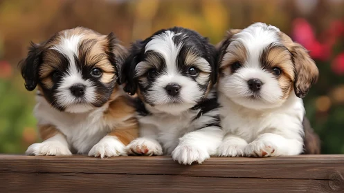 Three small fluffy puppies resting on wooden ledge in row.
