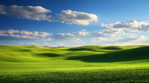 Green rolling fields under scattered cumulus cloud cover.
