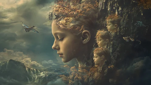 Child profile merged with landscape and repeated forms.