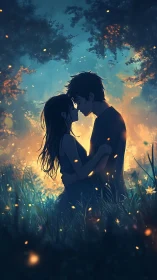 Couple Embracing Under Luminous Night Sky
