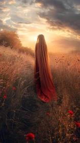 Cloaked figure walks sunset path through poppy-lined dry field