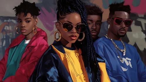 Neon-tinged crew in retro jackets owning the city breeze.