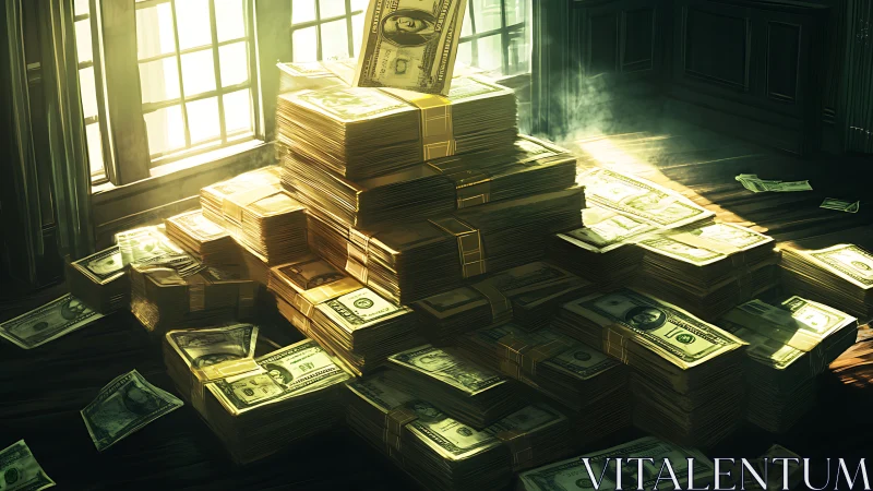 Stacked bundles of US dollar bills in sunlit interior room.