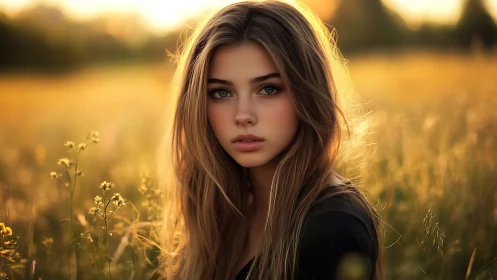 Soft evening sunlight welcomes a calm girl in golden fields