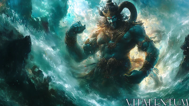 Ocean war god rises in thunderous storm of teal fury.