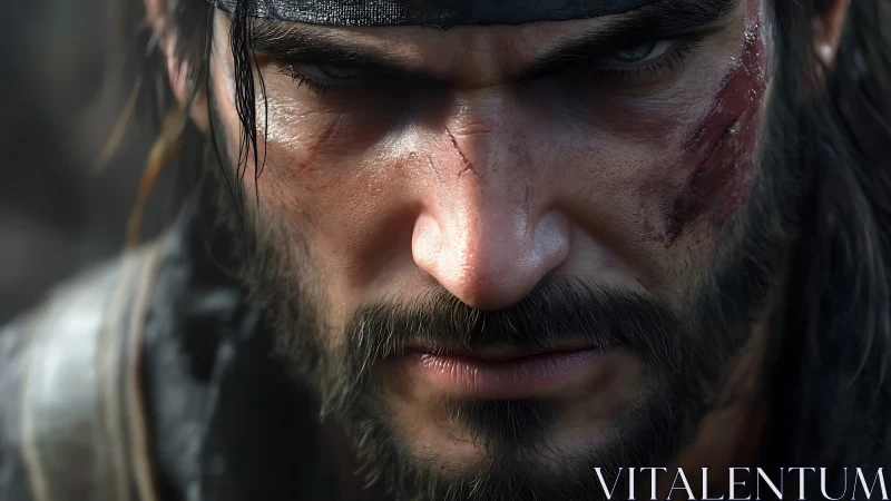 Battle-worn male warrior glares forward with intense focus