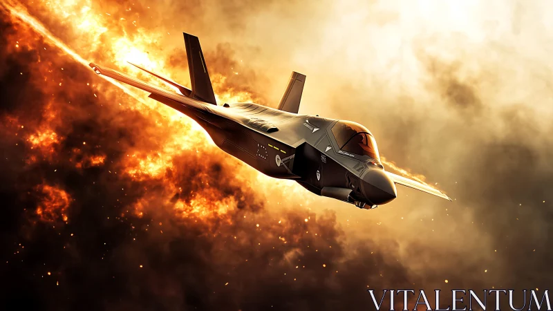 Stealth fighter jet cuts through incendiary cloudscape in flight