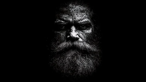 Grit-textured bearded portrait in stark low key monochrome.